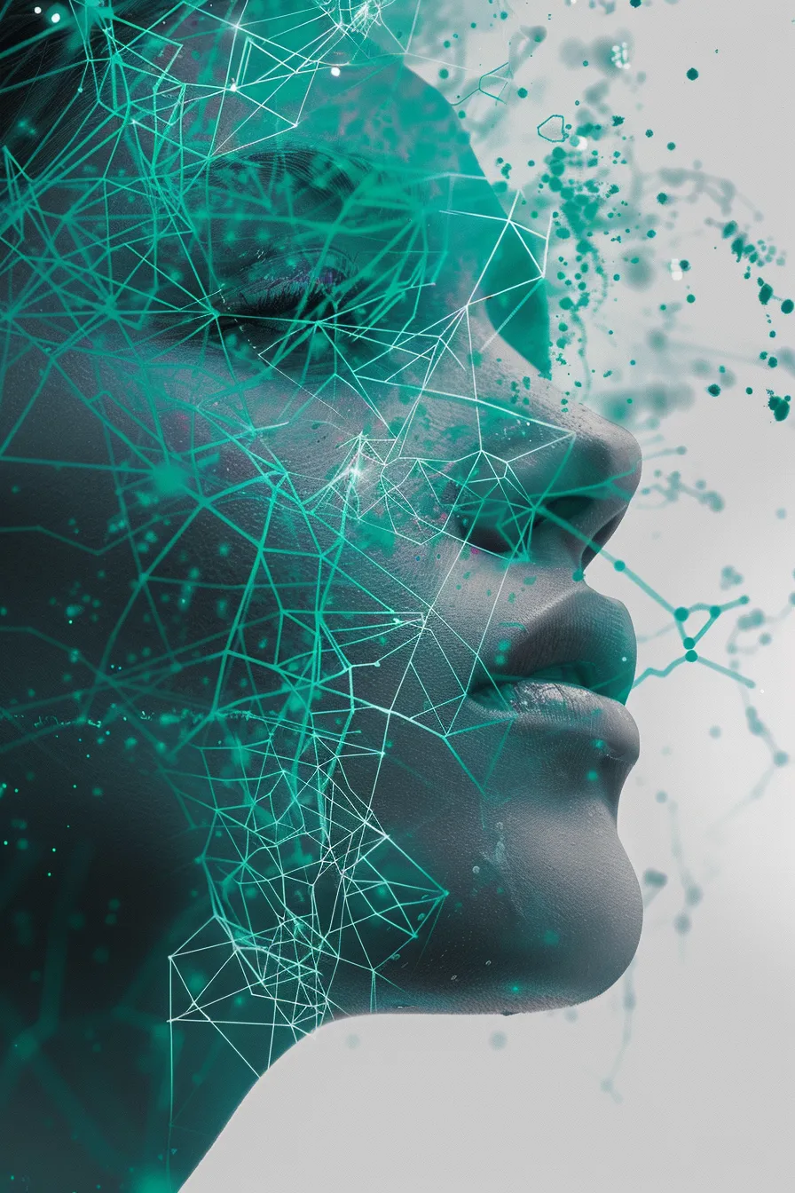Silhouette einer Frau, umgeben von digitalen Verbindungen und Netzwerken, die die Integration von Technologie und Kreativität darstellt.