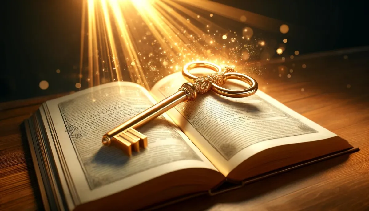 Ein geöffnetes, leuchtendes Buch mit einem goldenen Schlüssel darin, das Wissen und Entdeckung symbolisiert.