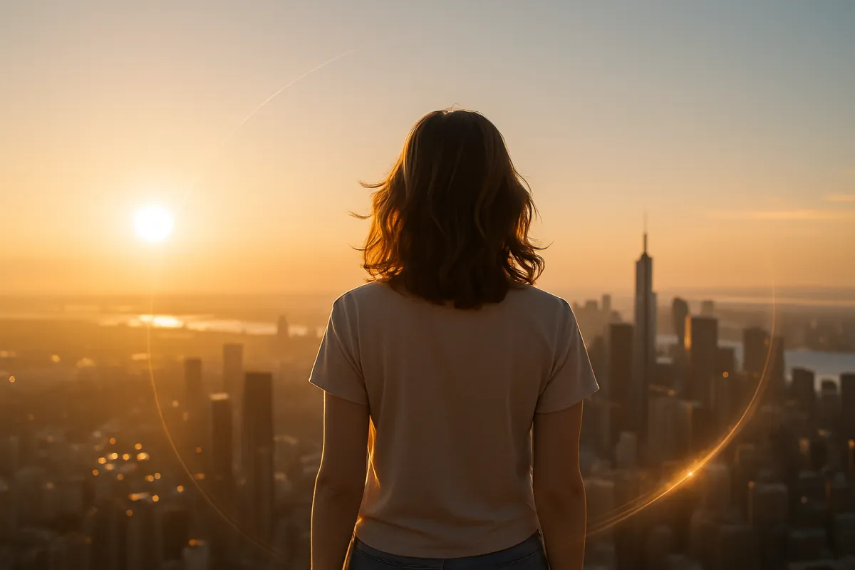 Eine Frau steht vor einem Skyline-Horizont, Sonnenaufgangs-Stimmung