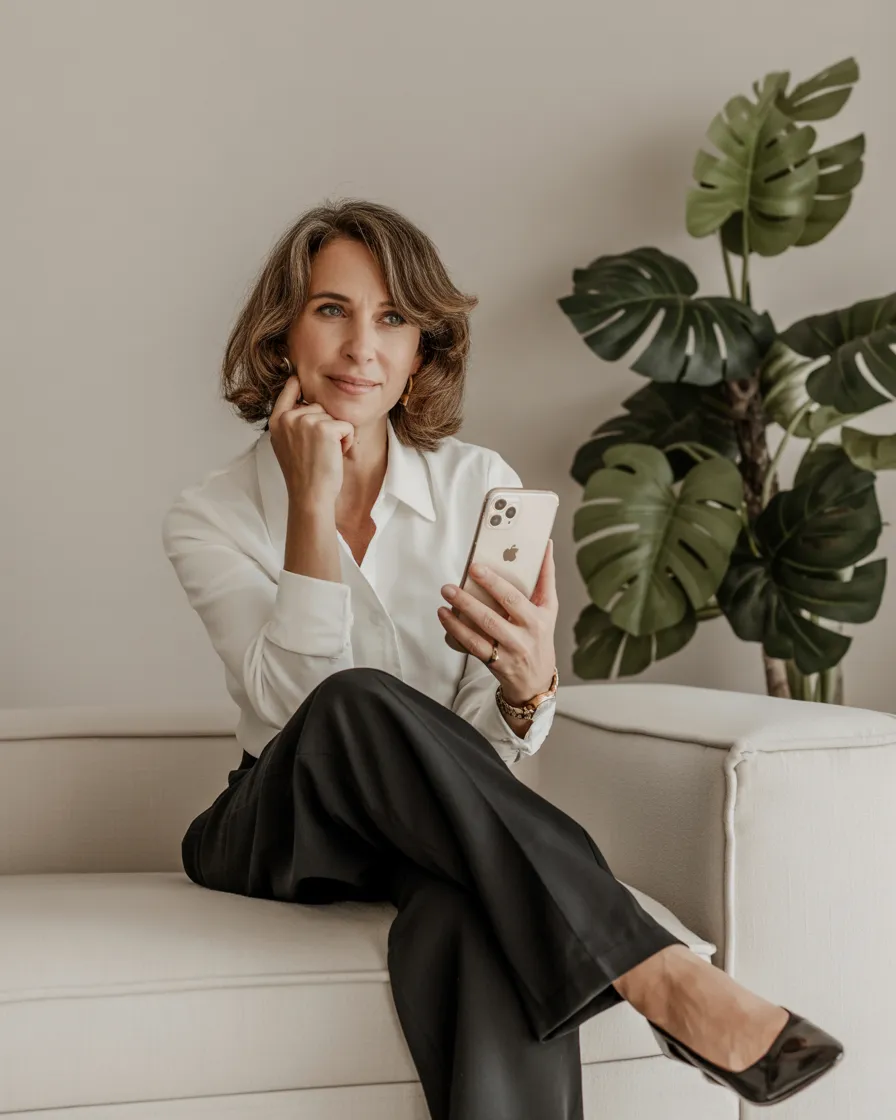 Frau sitzt zufrieden lächelnd auf einer Couch und hält ihr iPhone in der Hand