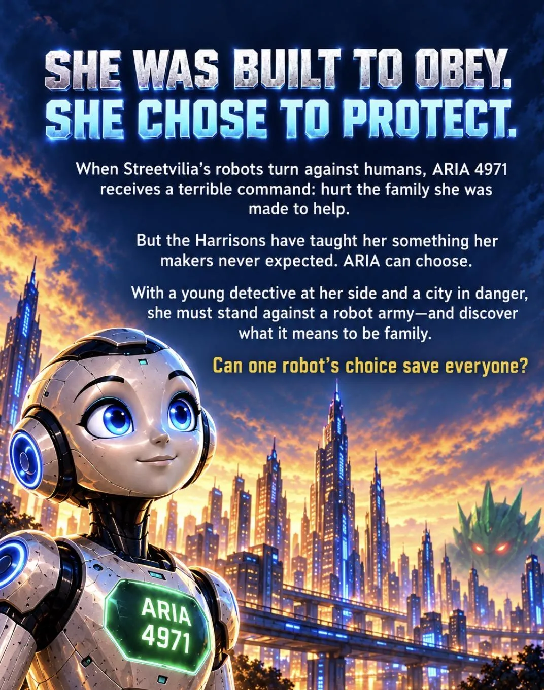 Portrait illustration of the same female robot character with white and blue armor, smiling and looking out from a balcony over a highly detailed, bright futuristic city with flying vehicles.
