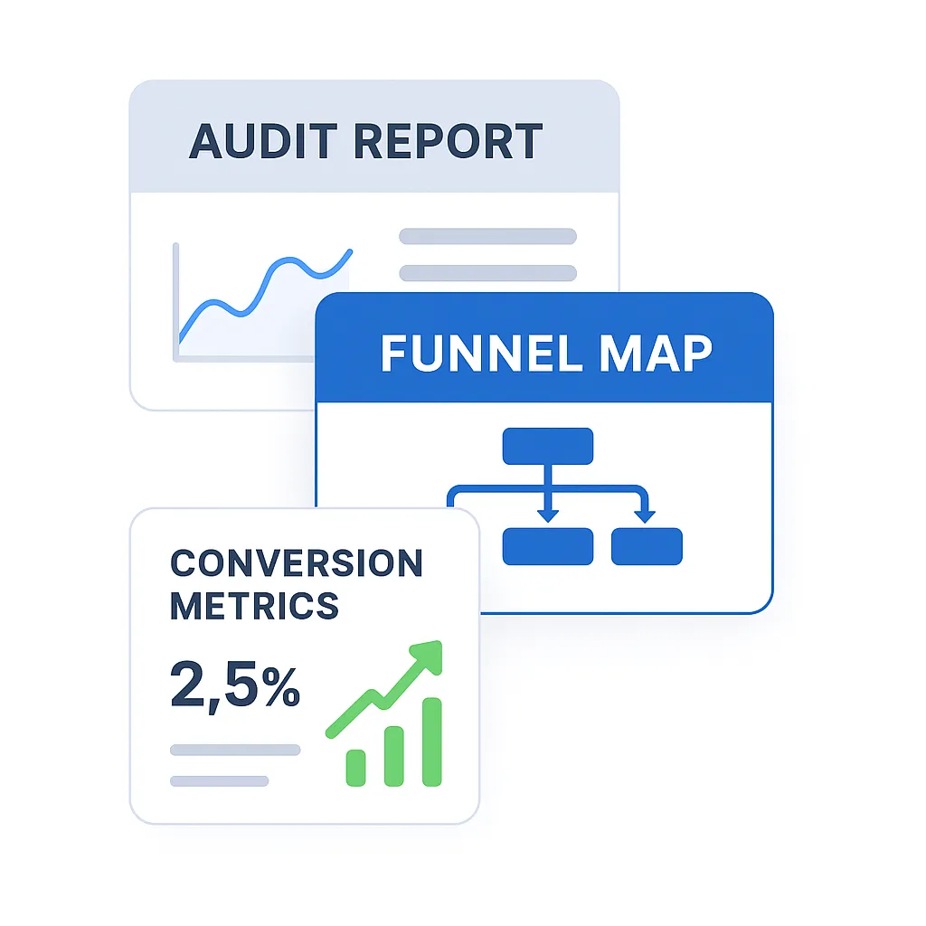 Growth architecture illustration showing audit report, funnel map, conversion metrics, and upward growth trend