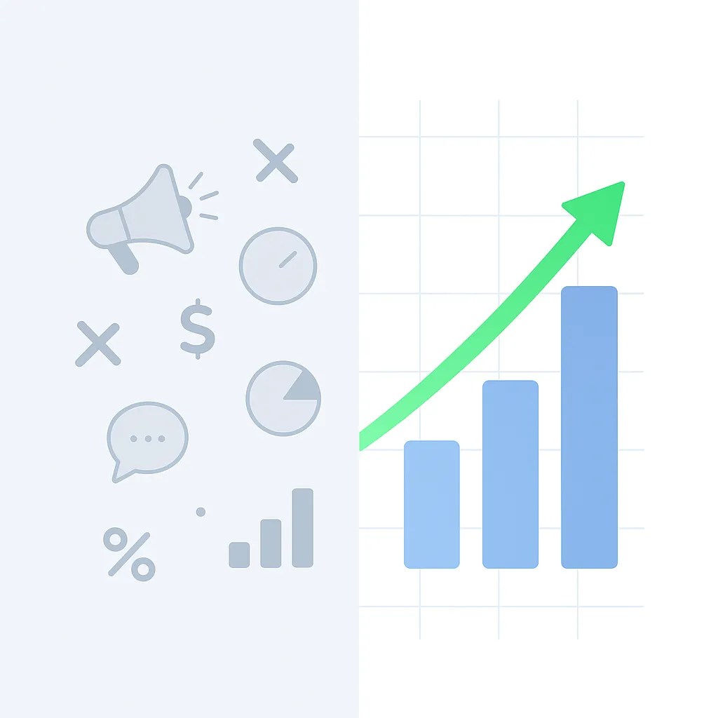 Scattered marketing icons transforming into organized upward growth chart symbolizing clarity and structure