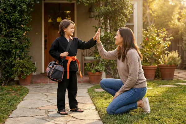 Kind in schwarzem Kampfkunst-Anzug mit orangenem Gürtel gibt seiner Mutter freudestrahlend ein High-Five vor dem Haus – bereit fürs Kampfkunsttraining bei der Kampfkunstschule Tetzlaff in Soest.