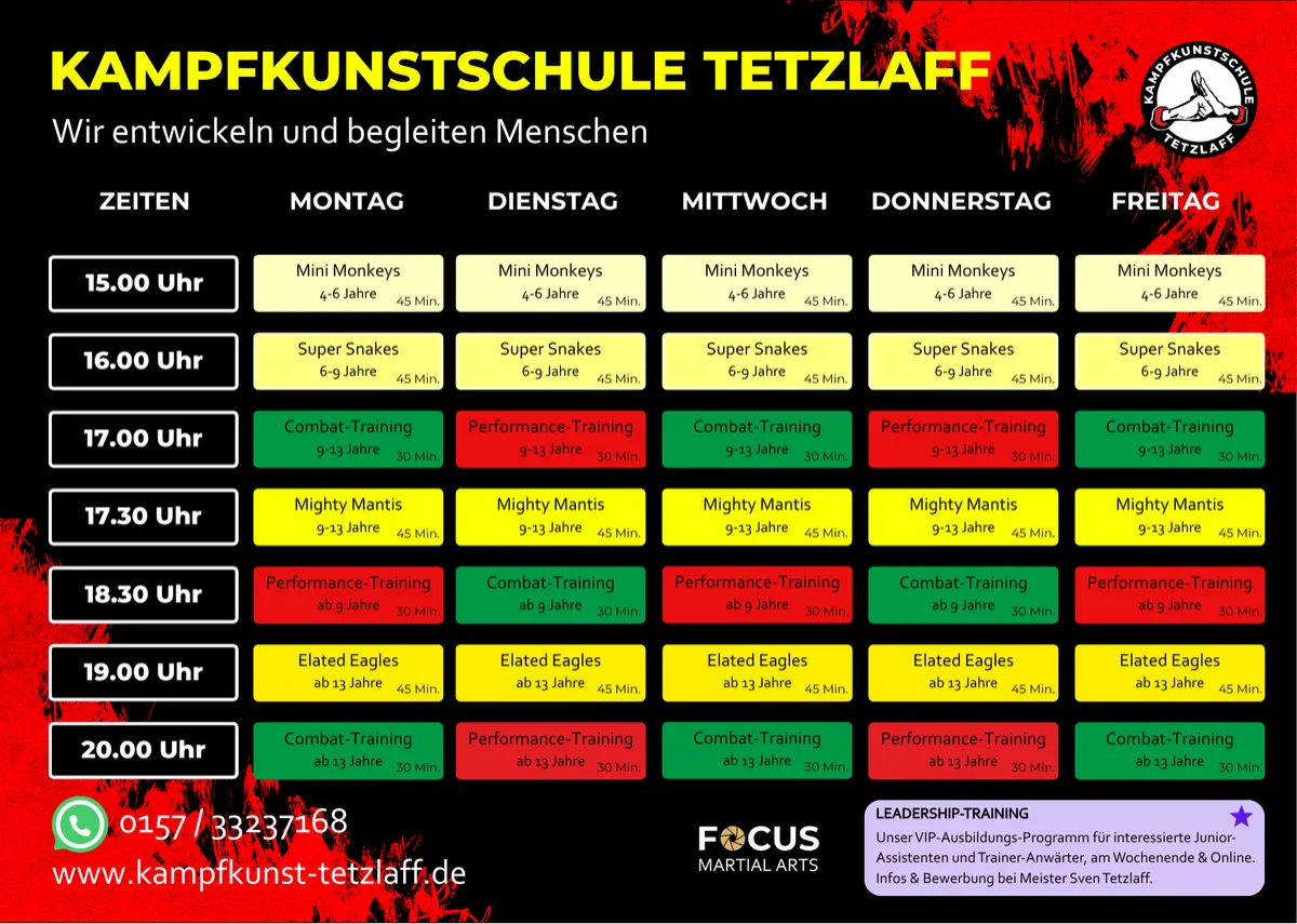 Trainingsplan und Stundenplan der Kampfkunstschule Tetzlaff in Soest. Trainiere Focus Martial Arts