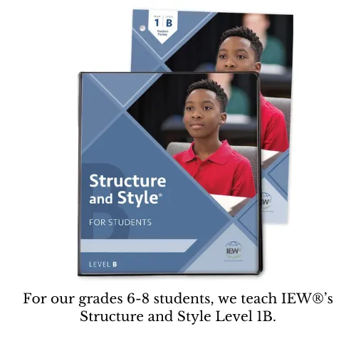 IEW Structure and Style textbook for grades 6-8 students, showing Level 1B book. The cover features a young student in a red shirt and the IEW logo.