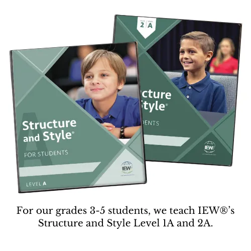 Two IEW Structure and Style textbooks for grades 3-5 students, showing Level 1A and 2A books. The cover features young students and the IEW logo.