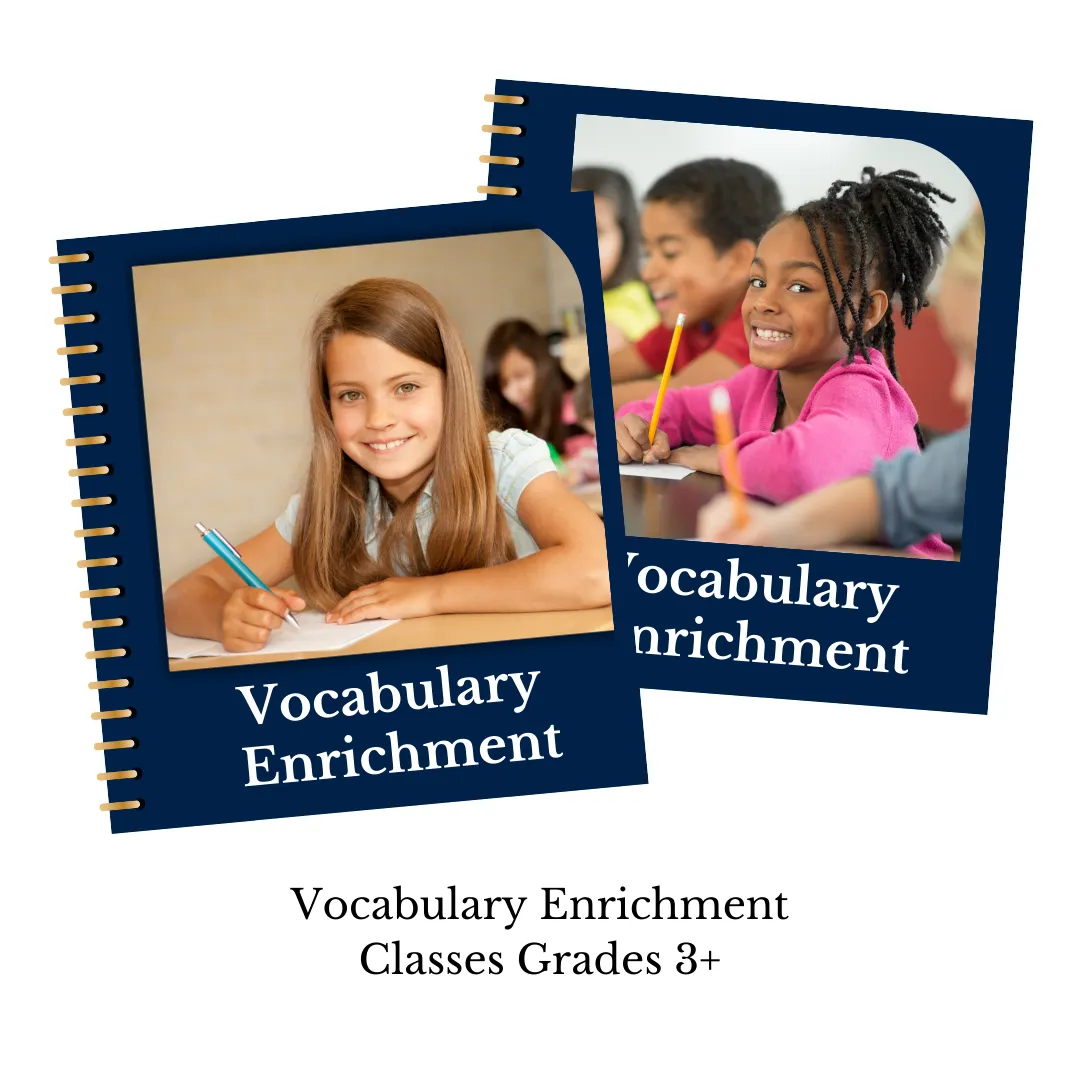 Vocabulary Enrichment program for grades 3+, featuring two notebooks with images of smiling students writing in class. This program focuses on enhancing vocabulary skills.