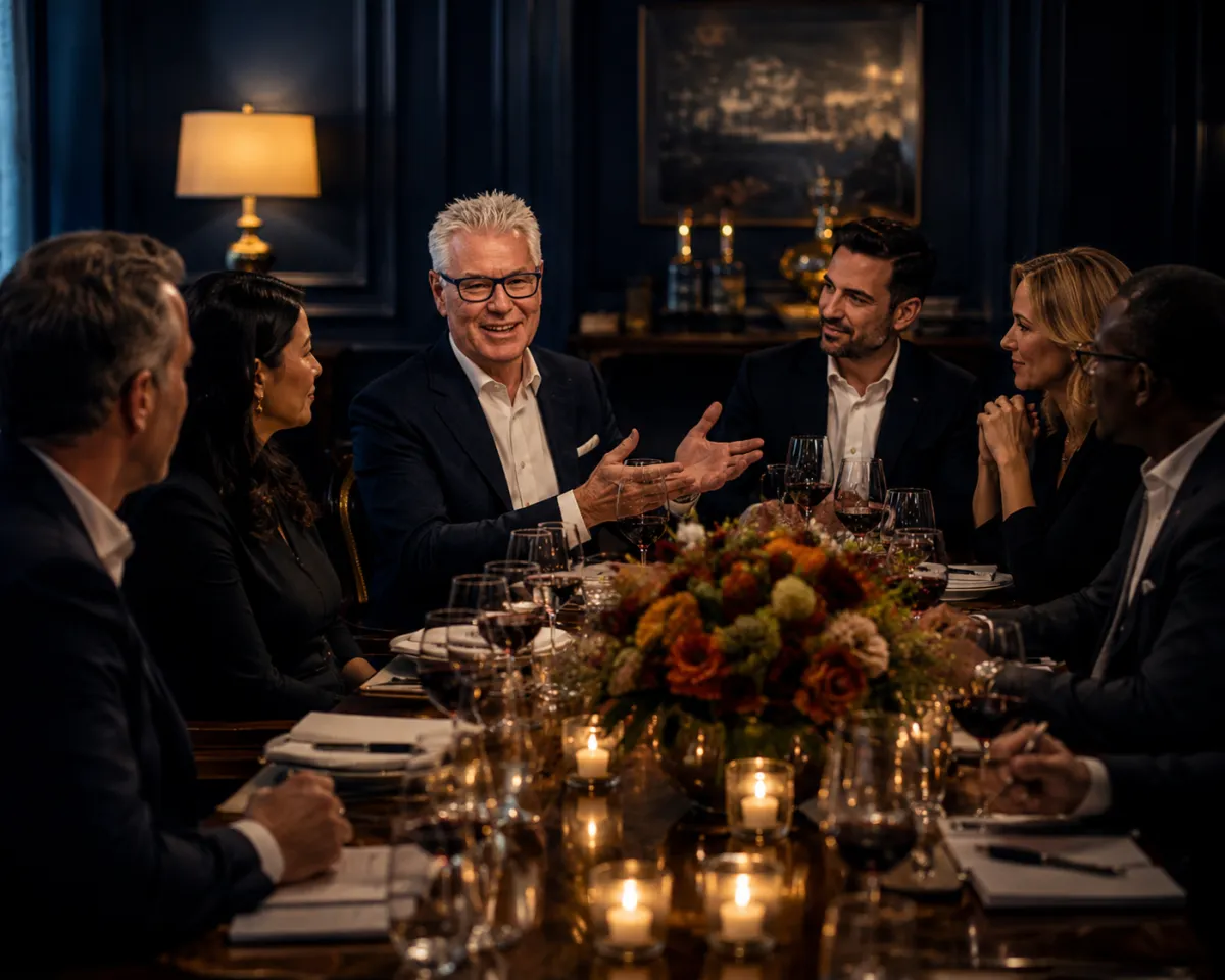 Business leadership workshop with professionals in a private dining room, featuring an executive speaker leading a strategy discussion on relationship building, networking, and high-level brand growth.