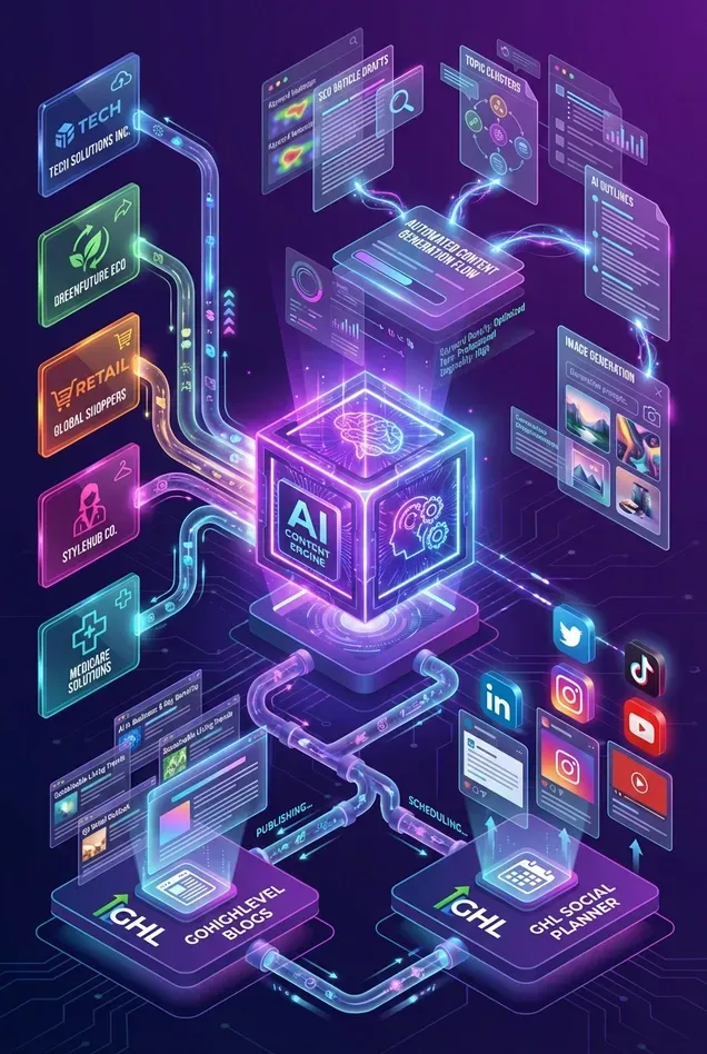 Illustration of a multi-tenant AI content engine generating SEO articles, visuals, and social posts for multiple brands, connected to GoHighLevel Blogs and Social Planner.