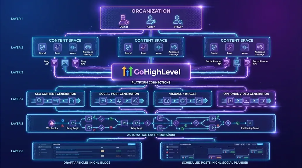 Architecture diagram of the multi-tenant AI Content Platform showing organizations, content spaces, GoHighLevel Blog API and Social Planner API, AI engines, automation pipelines, and publishing outputs.