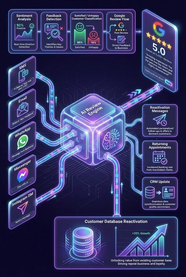 Illustration of the Automated Google Reviews & Customer Reactivation System showing sentiment analysis, review request flows, multi-channel outreach, CRM automation, and GoHighLevel integration.