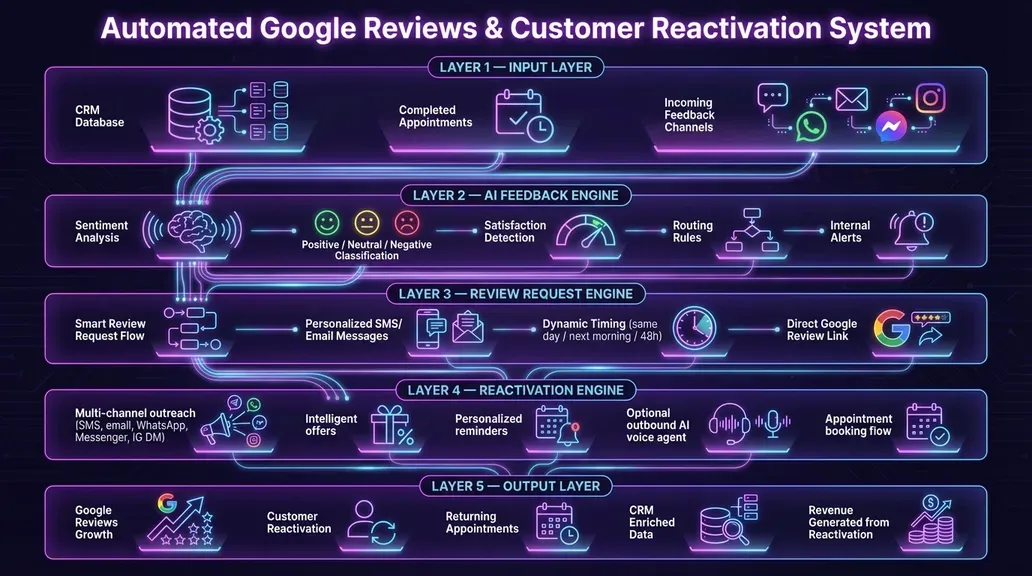 Architecture diagram of the Automated Google Reviews & Customer Reactivation System showing sentiment analysis, review request flows, multi-channel outreach, CRM automation, and GoHighLevel integration.