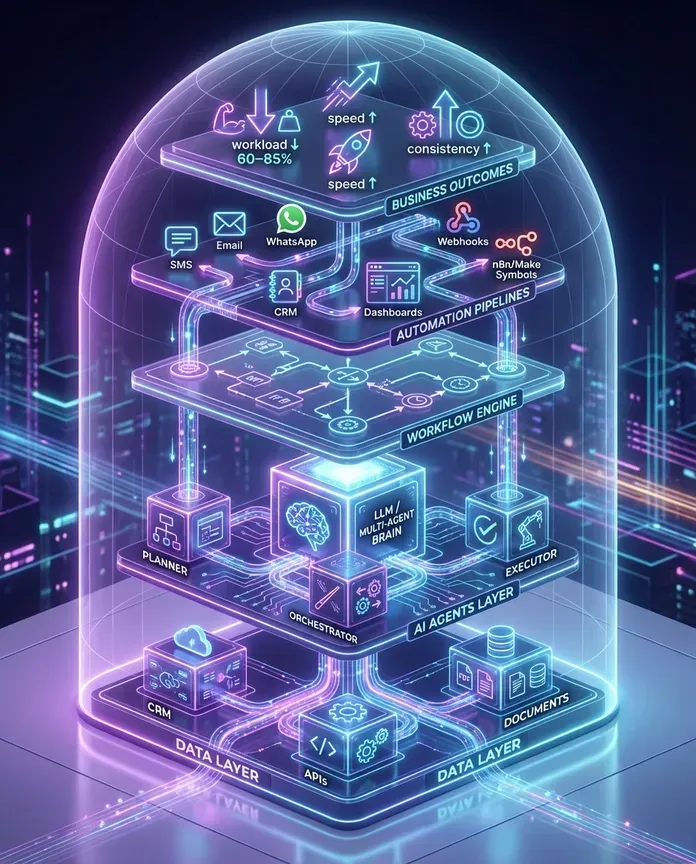 Layered AI system architecture diagram showing data layer, AI agent layer, workflow engine, automation pipelines, and business outcomes.