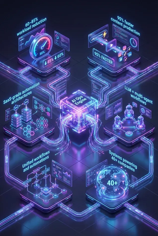 AI impact diagram highlighting 60–85% workload reduction, 95% faster content production, SaaS-grade architectures, and multi-agent AI workflows powering 40+ companies.