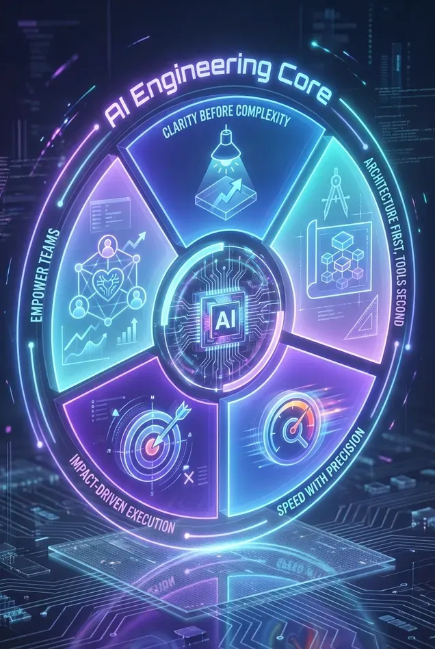“AI engineering core diagram showing clarity, architecture-first design, precision, impact-driven execution, and team empowerment principles.