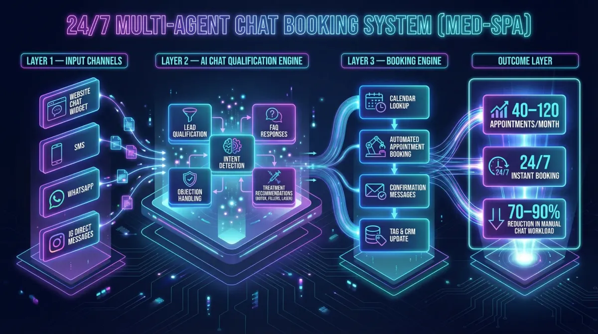 System architecture diagram showing multiple AI agents, workflow orchestration, real-time decision engine, and automated operational pipelines.