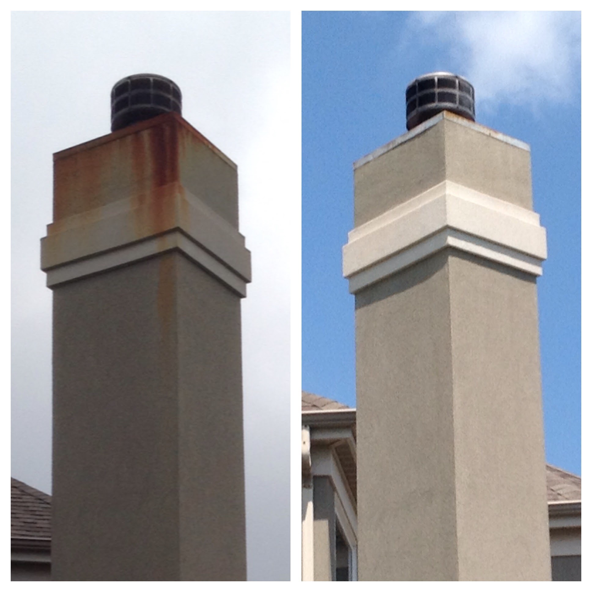 Commercial chimney exterior cleaning before and after – Missions Pressure Washing service example
