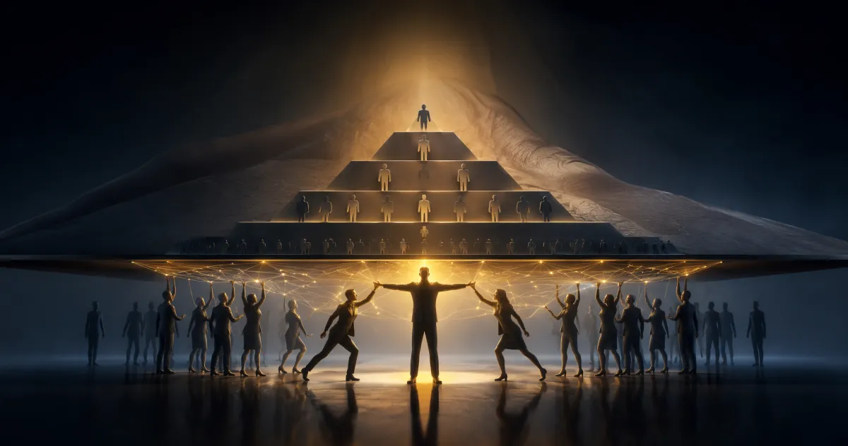 The Great Flattening — flattened org chart pyramid held up by frontline leaders