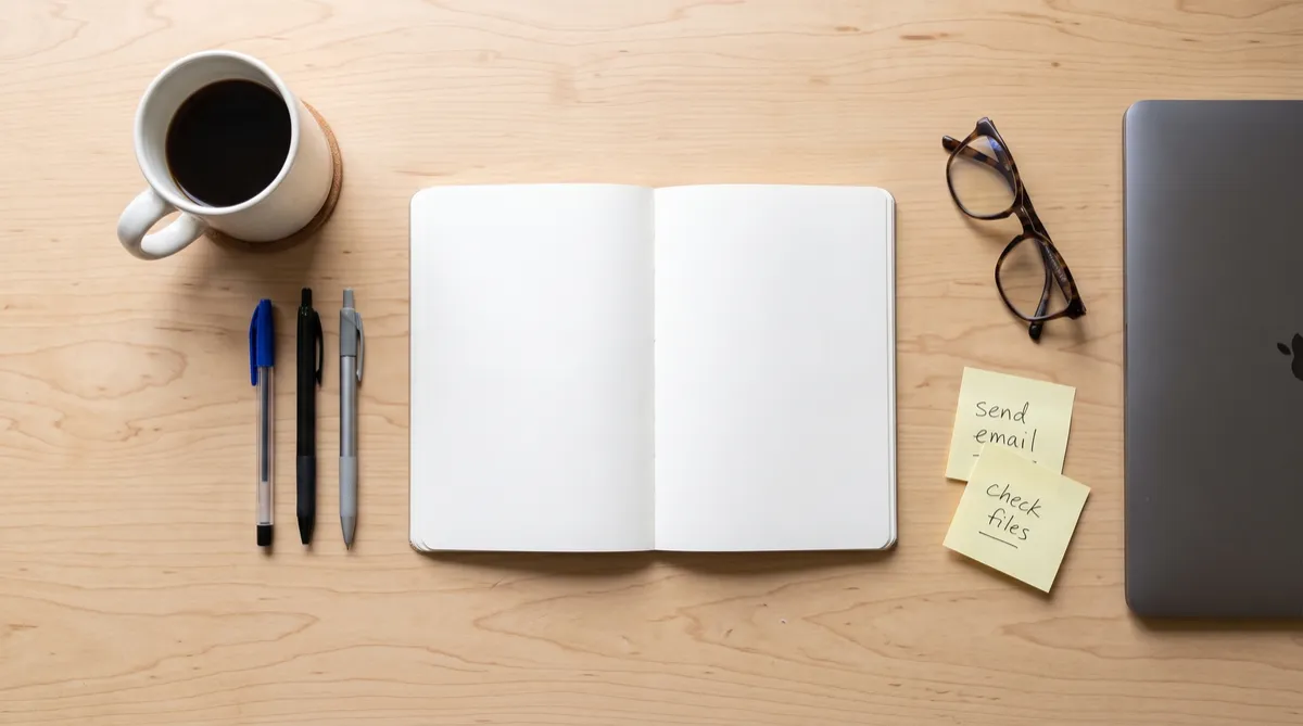 Notebook and checklist on a desk, illustrating preparation for a new leader’s first week.