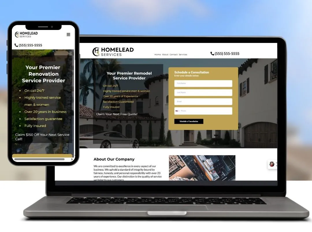 BlackGold Prestige 1-page Lead-Ready Site for remodelers with live chat and phone, built in 7 days.