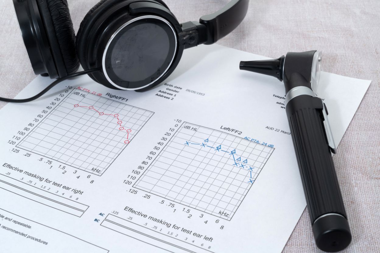 An audiogram, headphones, and an otoscope are displayed