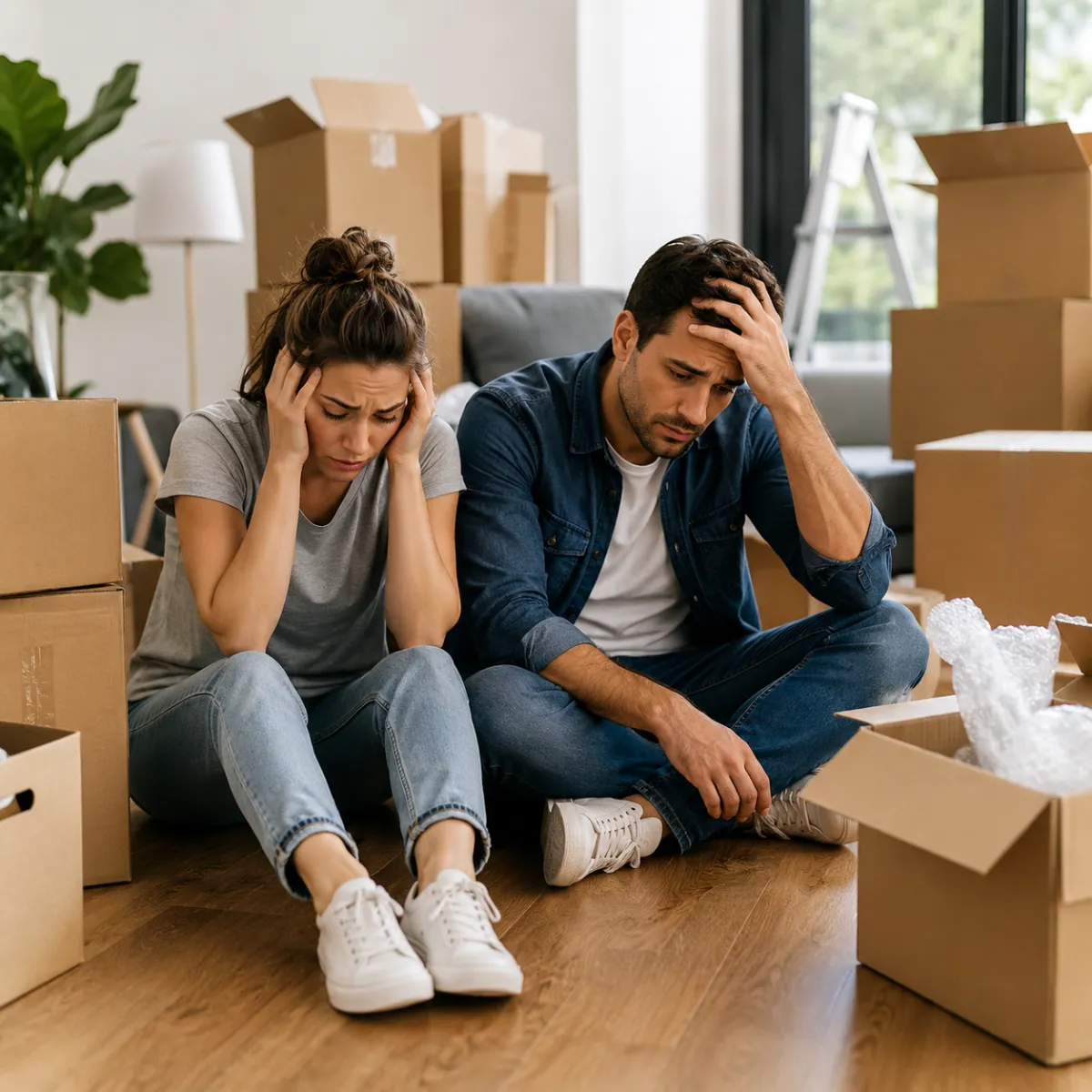 Stressed person surrounded by moving boxes