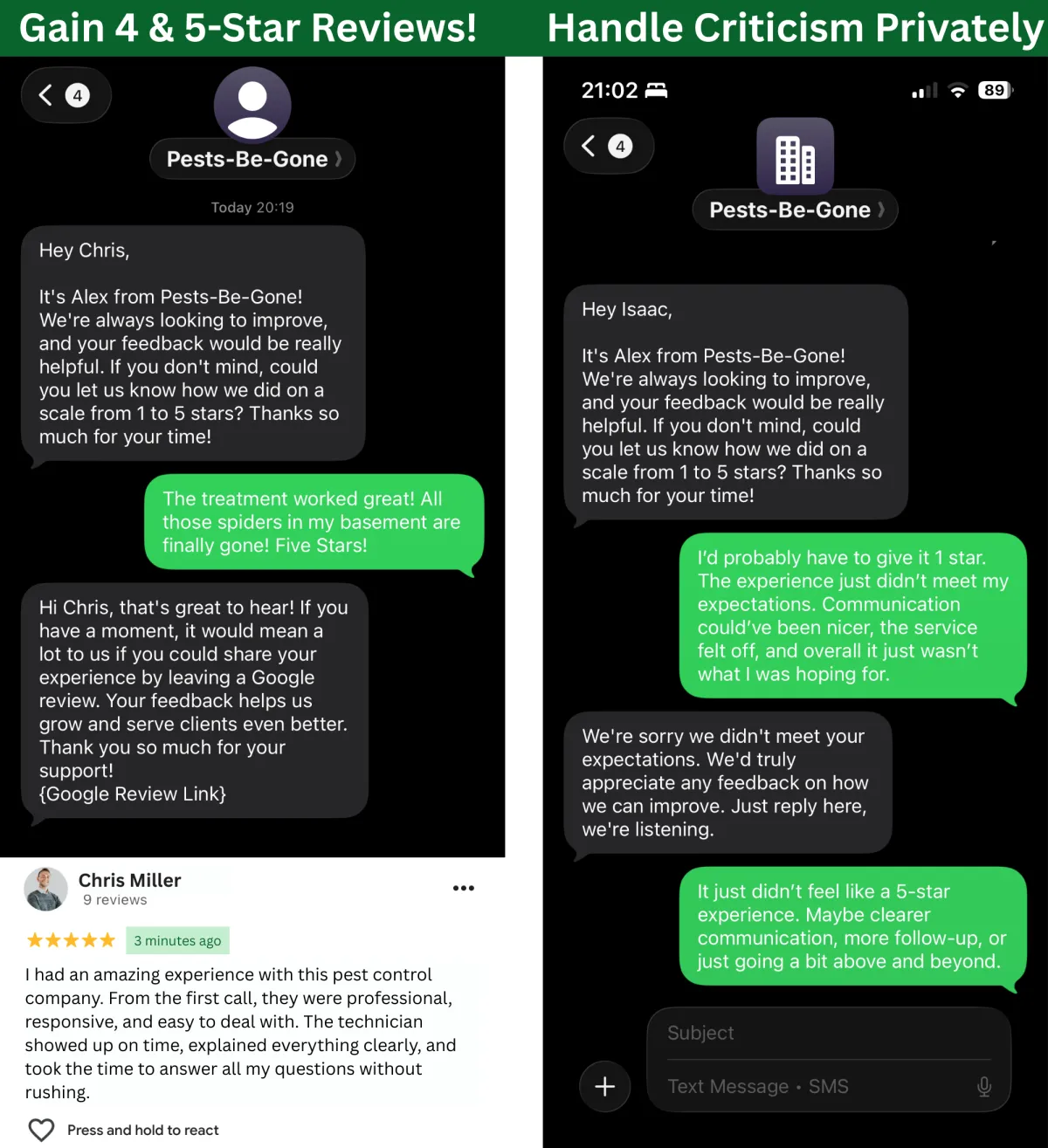 Example photo showing review flagging in action. One client left a 5 star review, while the other gave constructive criticism.