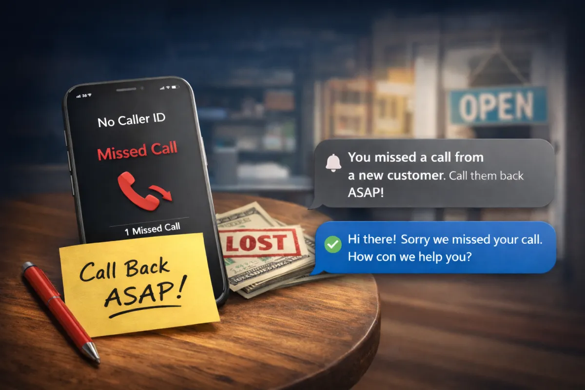 Missed call text back software for small businesses – automated SMS response to missed customer calls with instant notification to call back and increase revenue.