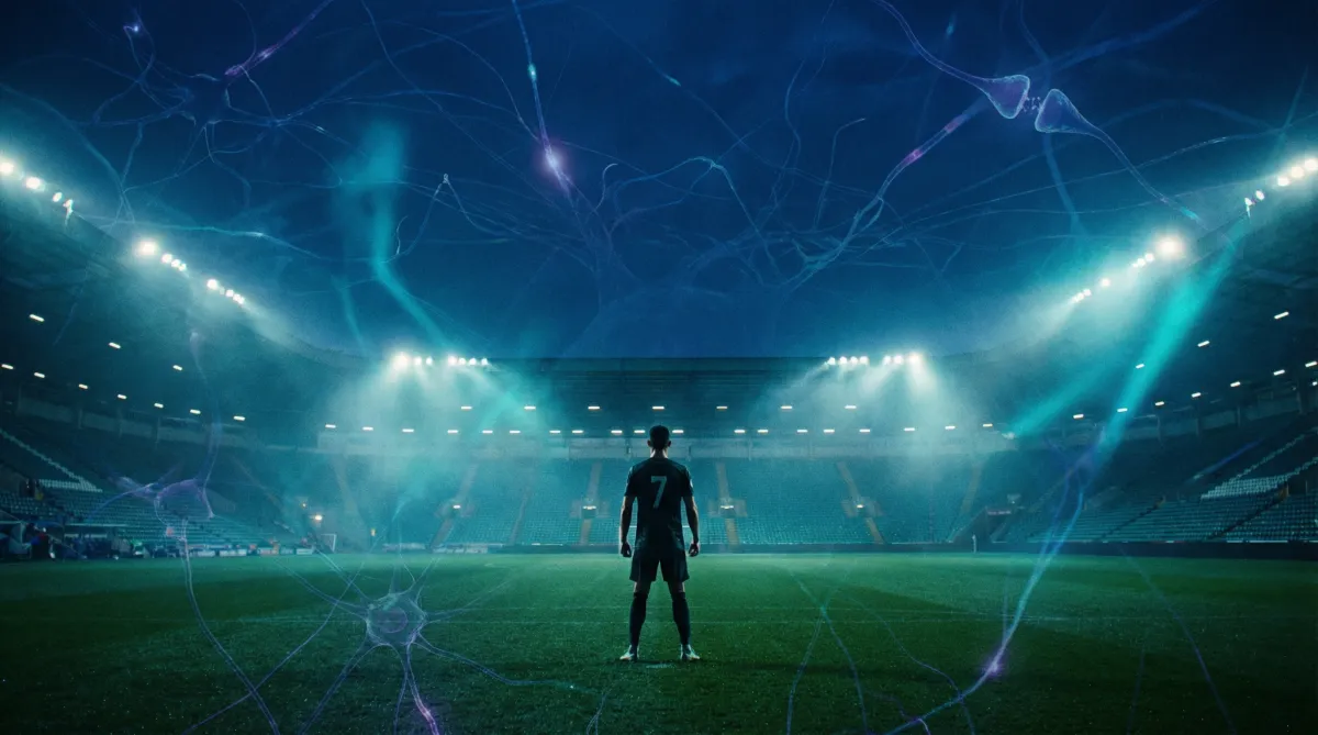 Ein Fußballspieler steht allein auf einem leeren Stadionrasen unter Flutlicht bei Nacht, von hinten fotografiert. Über dem Spielfeld und am Himmel sind leuchtende neuronale Netzwerkstrukturen sichtbar, die die Verbindung zwischen Gehirn und Spielintelligenz symbolisieren. Die Atmosphäre ist cinematisch in dunklen Blau- und Grüntönen gehalten.
