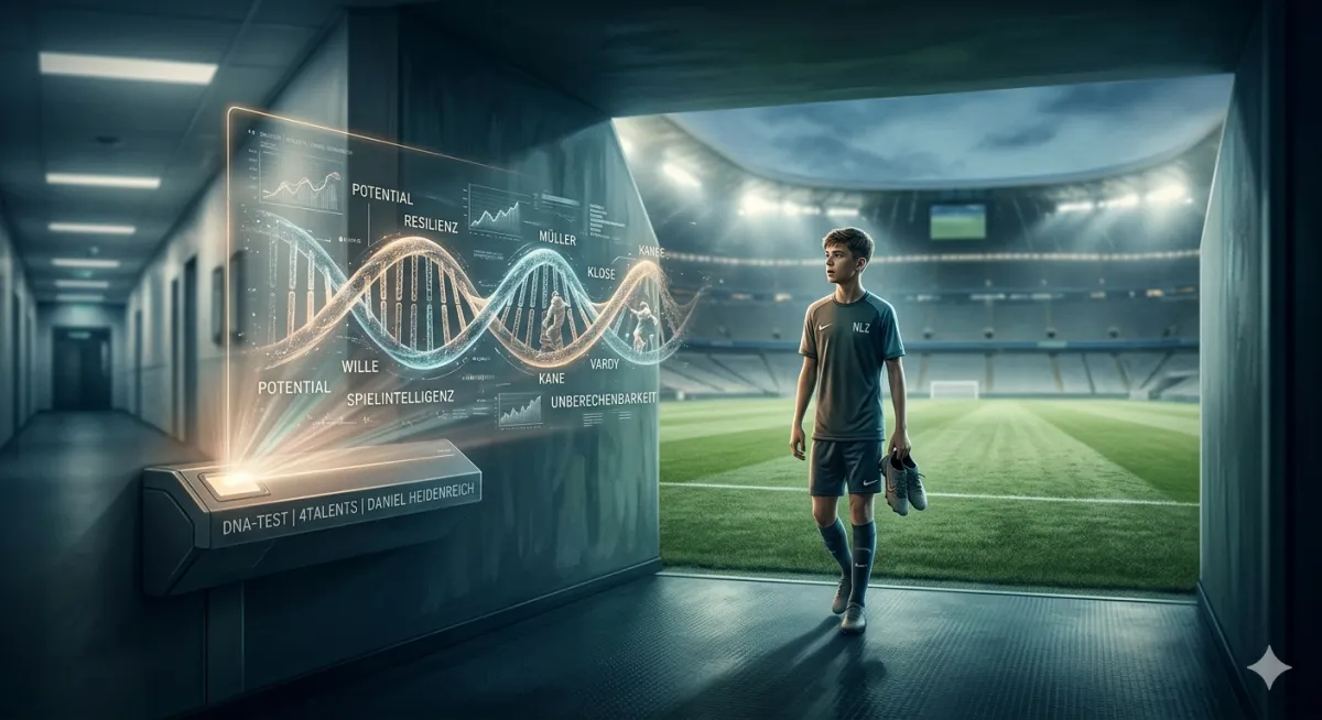 Ein junger NLZ-Spieler steht im dunklen Tunnel eines großen Stadions. Vor ihm eine DNA-Doppelhelix, verbunden mit Namen wie „Müller“ und „Kane“ sowie Werten wie „Wille“. Symbolisiert die Debatte: Kann DNA eine Profikarriere vorhersagen?