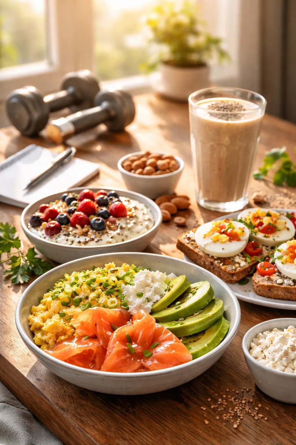 Proteinreiches Frühstück im warmen Morgenlicht mit frischen Zutaten wie Eiern, Lachs, Avocado und Beeren – Symbol für Energie, Klarheit und bewusste Entscheidungen.