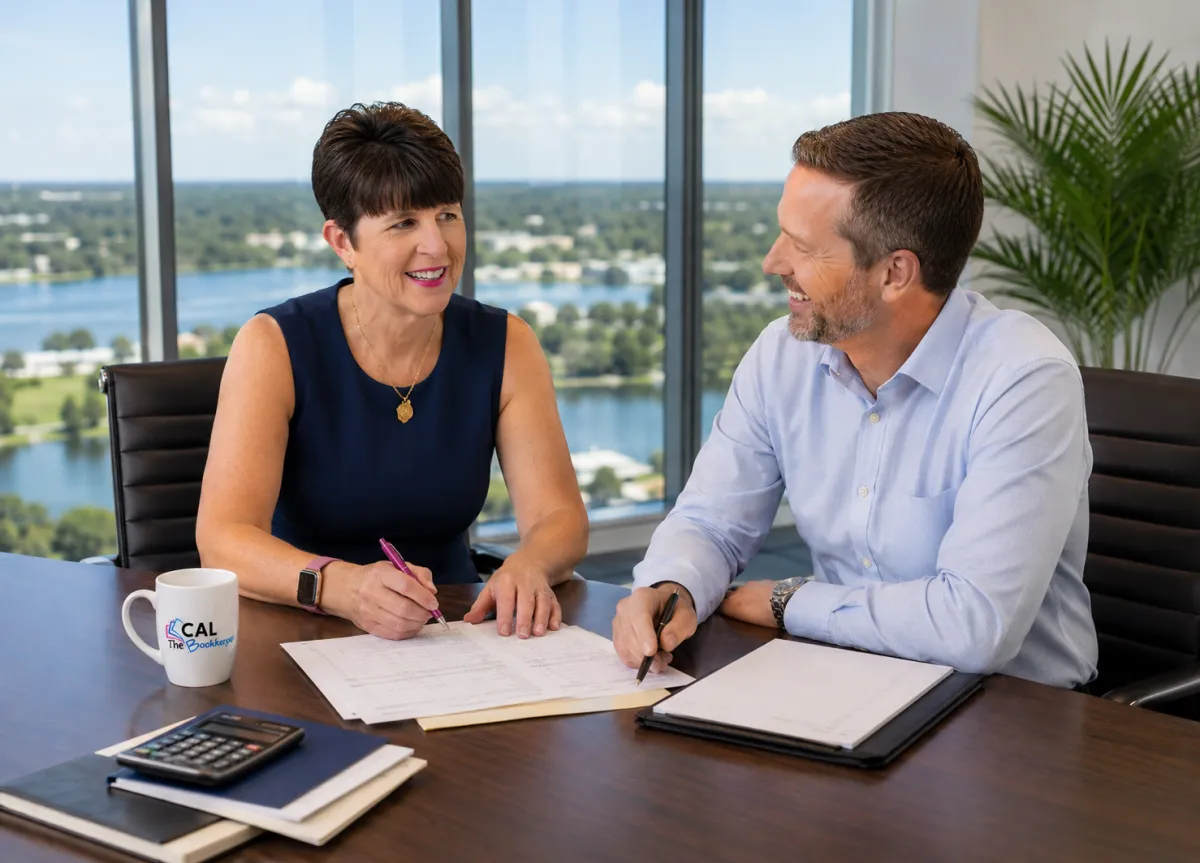 Bookkeeper discussing financial strategies with a small business owner in a modern office