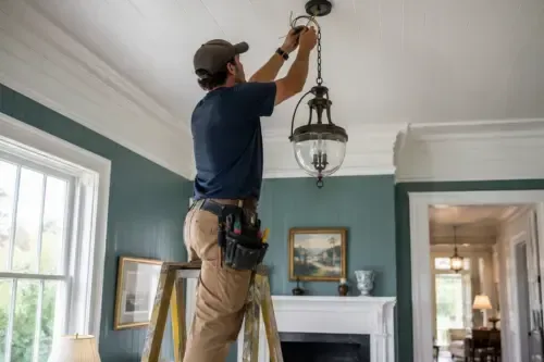 Electrician installing a ceiling light fixture in an older Southport home
