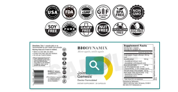Made in USA – "Made in USA badge for JointGenesis supplement"  100 Percent Natural – "100 percent natural supplement label for JointGenesis"  FDA Approved – "FDA approved seal for JointGenesis supplement"  GMP Certified – "GMP certified quality assurance badge for JointGenesis"