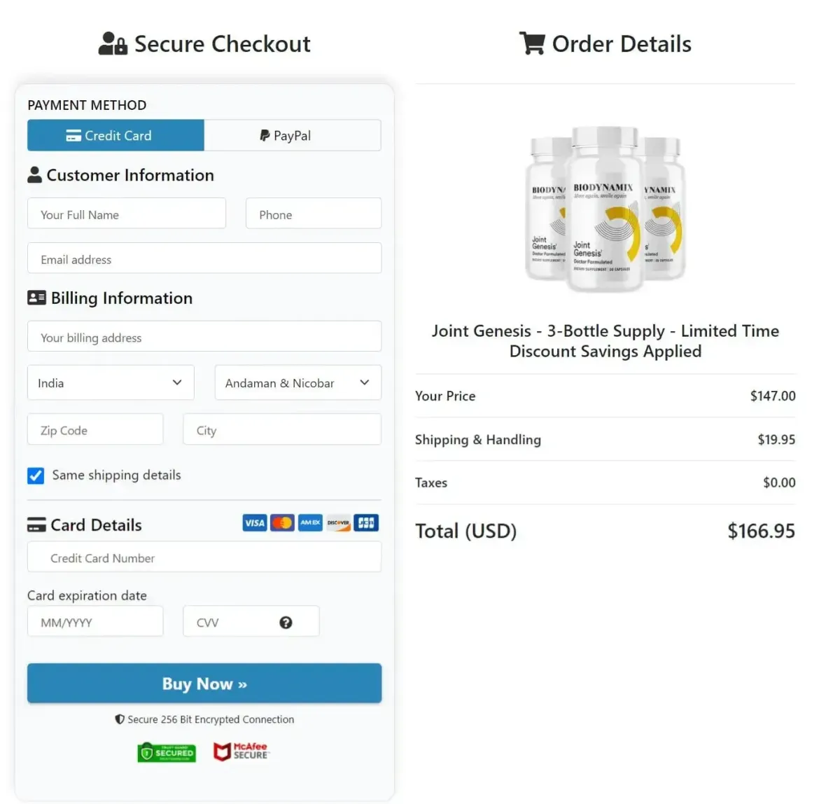 "Buy now button for JointGenesis supplement order"