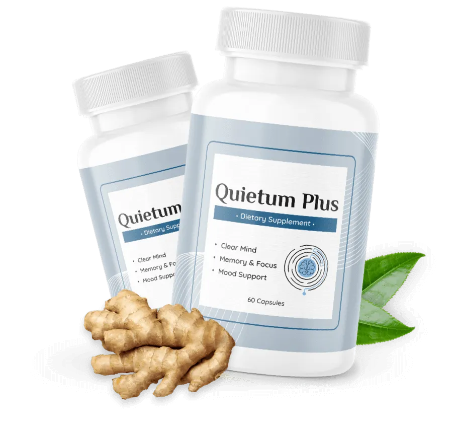 "A white bottle of Quietum Plus dietary supplement with a light blue label featuring the product name and a sound wave icon."