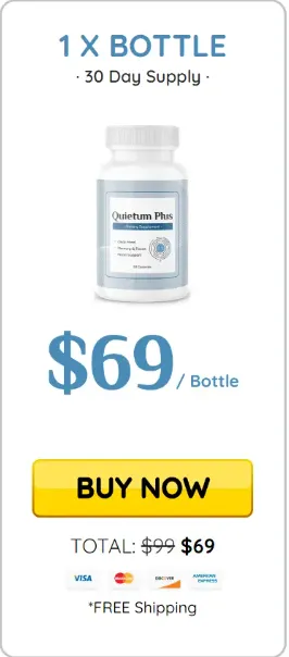 "A pricing graphic showing a bottle of Quietum Plus next to a highlighted price tag that reads '$49 per bottle'."