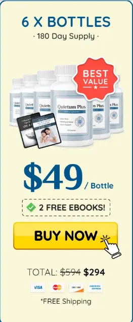 "A pricing graphic showing a bottle of Quietum Plus next to a highlighted price tag that reads '$49 per bottle'."