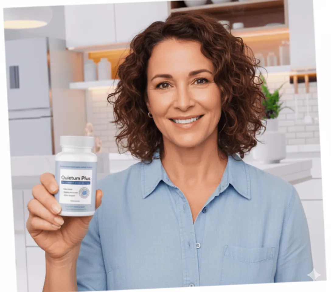"A happy customer holding a bottle of Quietum Plus, next to a five-star rating and a positive review quote about their experience."