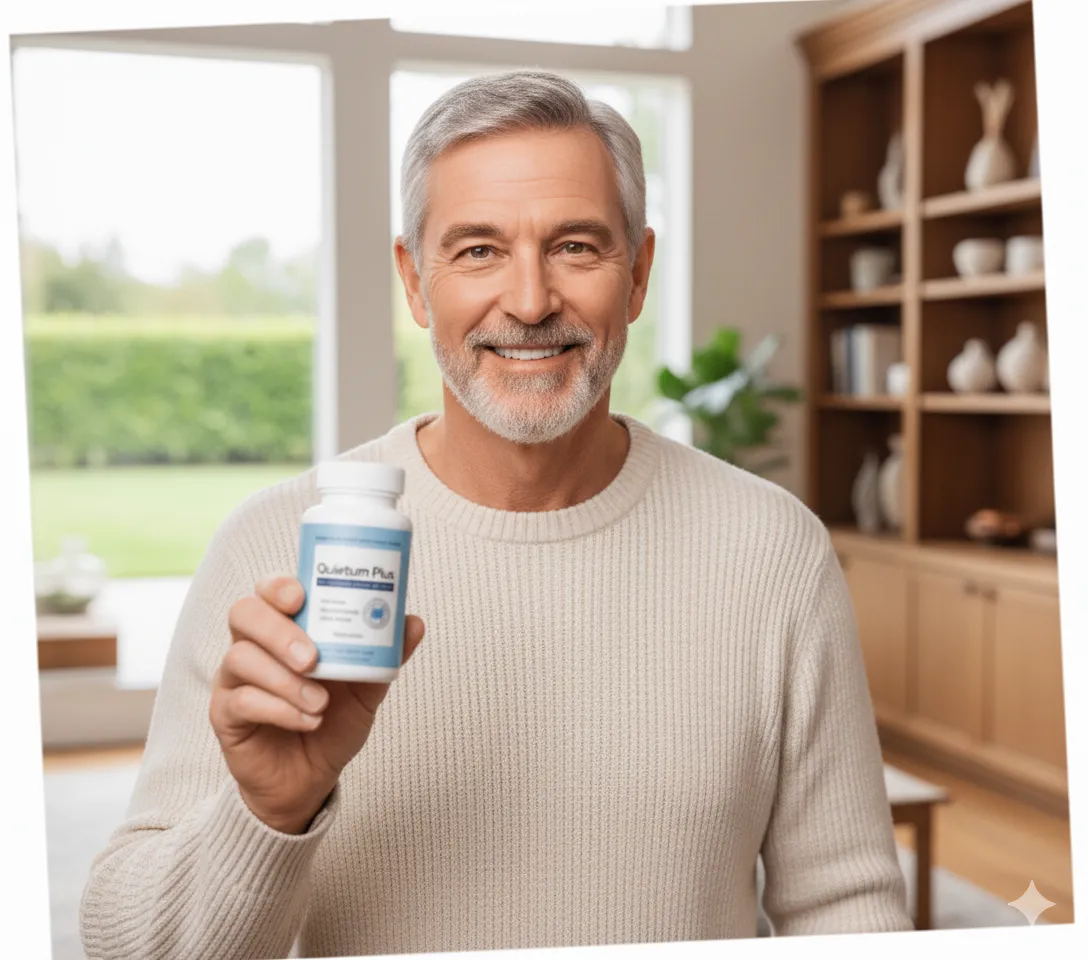 "A happy customer holding a bottle of Quietum Plus, next to a five-star rating and a positive review quote about their experience."