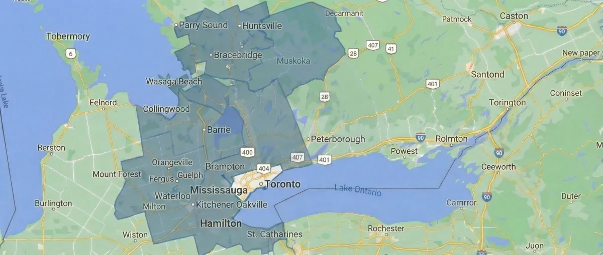 Service area map for Ollie's Roofing Ltd. providing residential and commercial roofing in Milton, Oakville, Mississauga, Barrie, Parry Sound and Muskoka regions