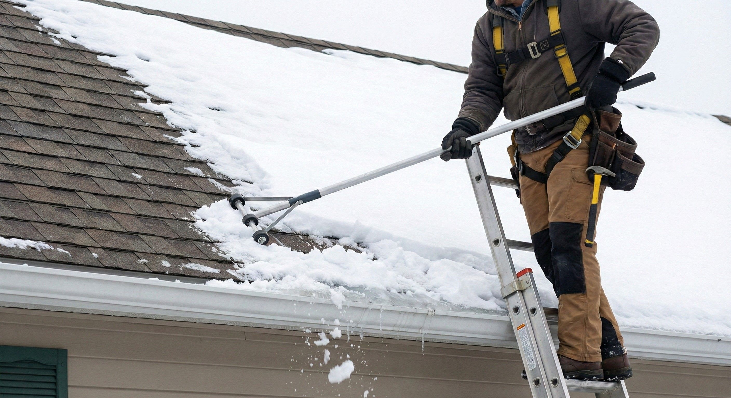 A professional roofer safely using a non-abrasive roof rake with rollers to manually remove snow and prevent ice dams on a residential shingle roof during winter.