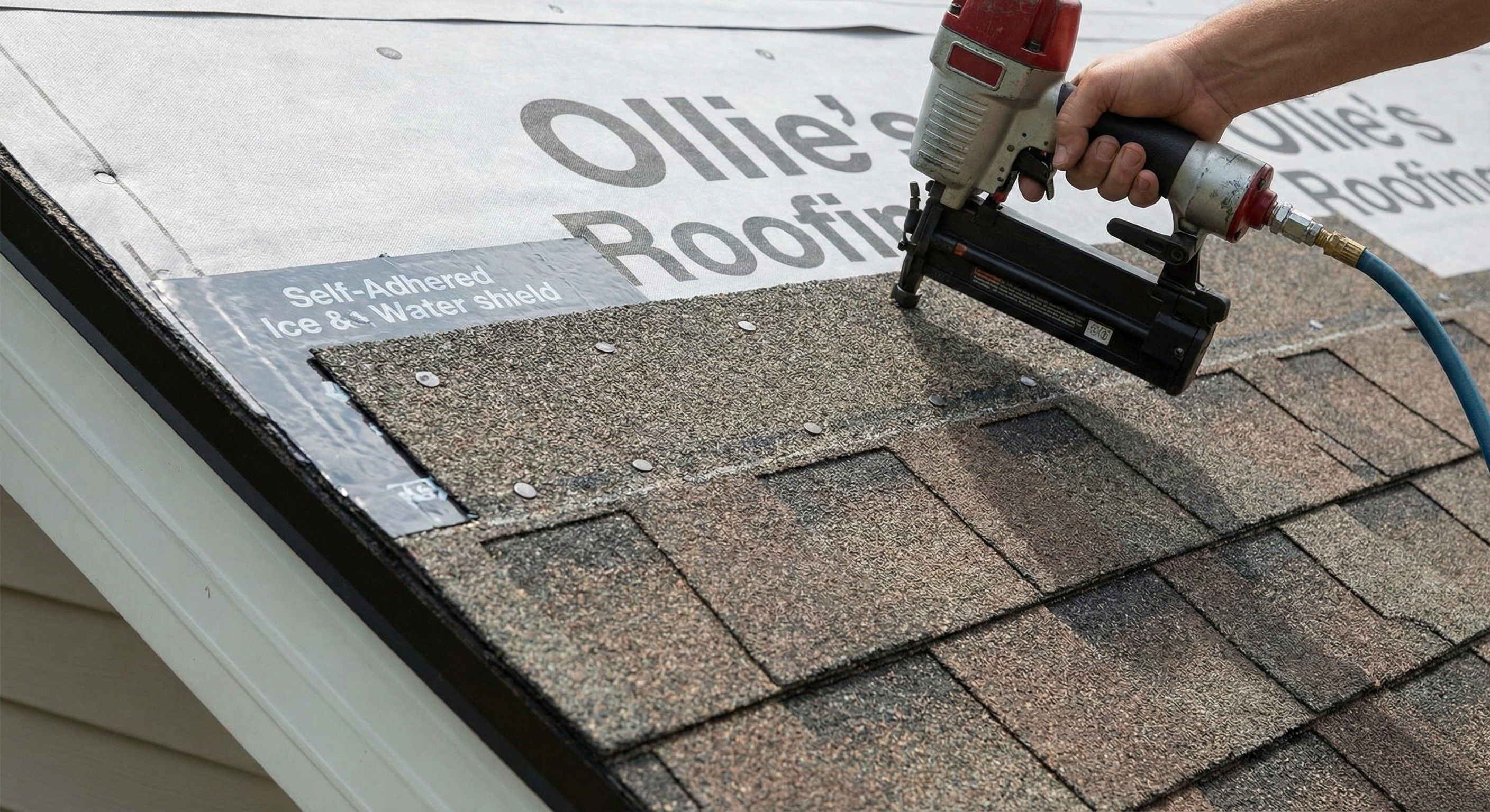 Close-up of a professional roofer using a nail gun to apply architectural shingles with a six-nail fastening pattern over synthetic underlayment and ice & water shield, ensuring high-wind resistance for Ontario homes.