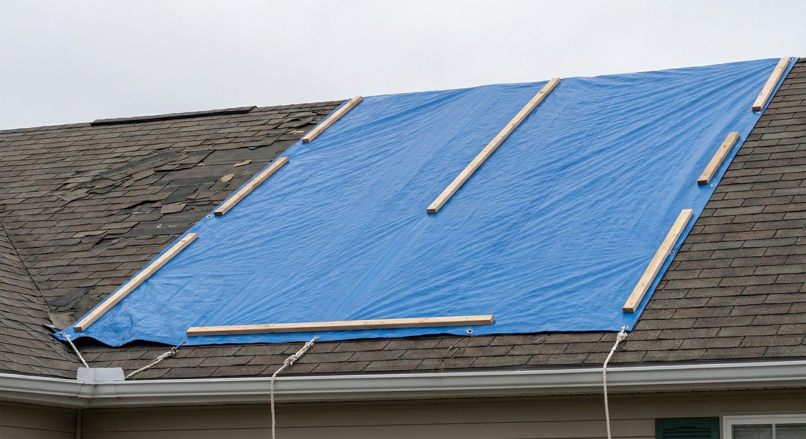 A residential roof with storm damage covered by a securely fastened heavy-duty blue tarp installed by Ollie's Roofing to provide immediate temporary leak protection.