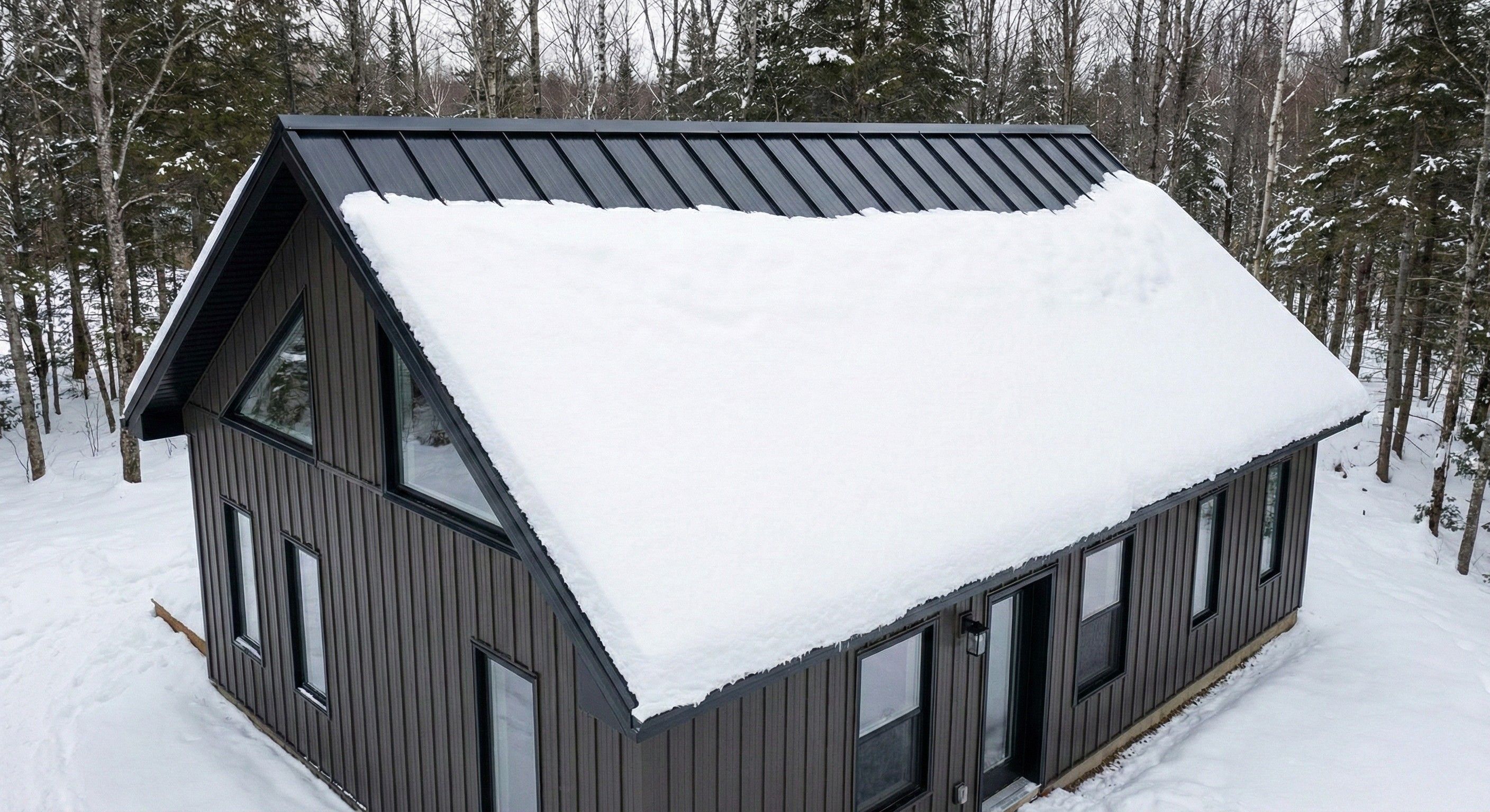 A modern Muskoka cottage featuring a dark standing-seam metal roof holding a heavy snow load, demonstrating structural durability for northern Ontario winters.