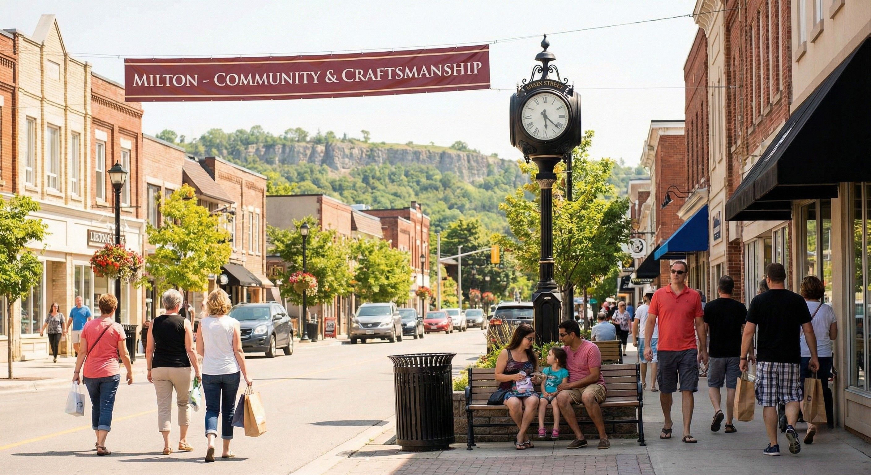 A bustling street scene in downtown Milton, Ontario, featuring historic red brick architecture and the Niagara Escarpment, showcasing the local community where Ollie’s Roofing provides expert service.