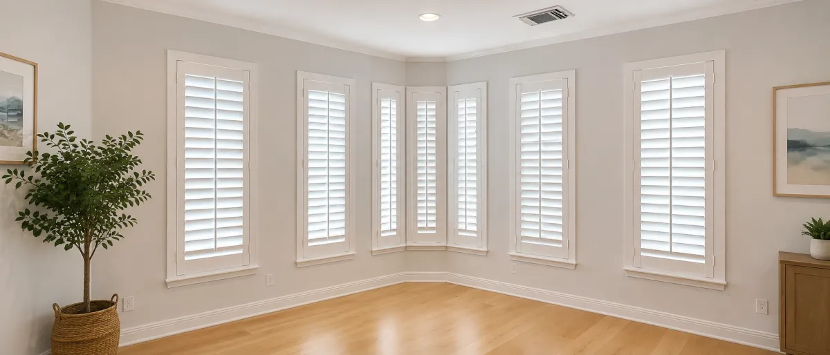 White plantation shutters fitted to multiple windows in a bright room