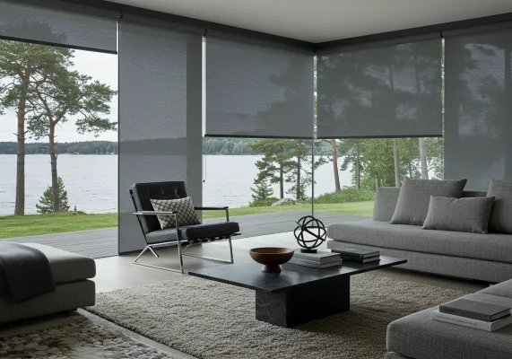 Dark solar roller shades reducing glare in a contemporary living room