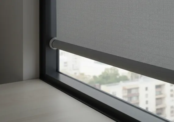 Close-up of a gray solar roller shade fitted to a modern window